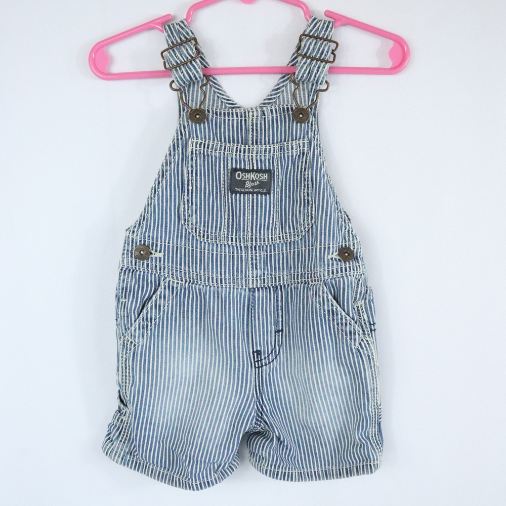 OshKosh B'Gosh Blue Hickory Stripe Railroad Shortalls Vestbak Kids Sz 9 Months